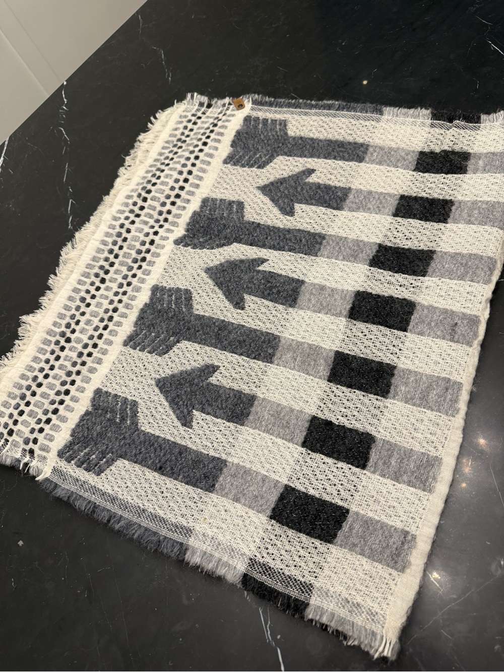 Mackage Gray and White Arrow Pattern Fringe Scarf Wrap